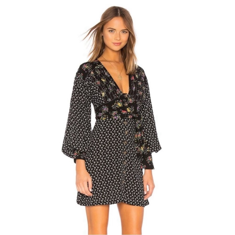 Free People Floral VNeck Mini Fit n Flare Dress with Belt